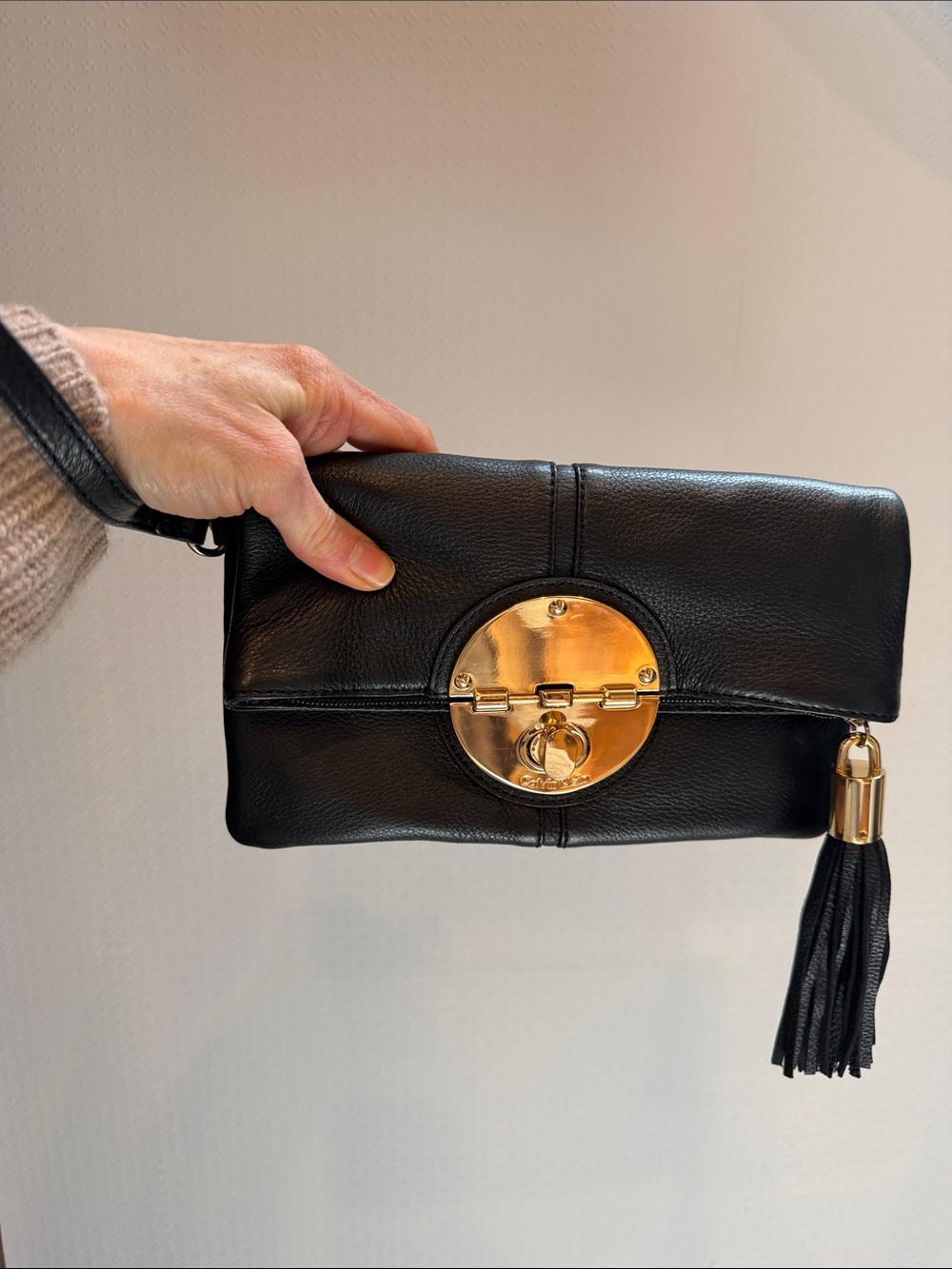 Calvin Klein Black Leather Wristlet Clutch with Gold Accent - Picture 3 of 7
